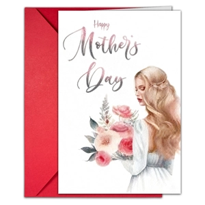 Detailed view of watercolor Happy Mother's Day card with red envelope and floral illustration