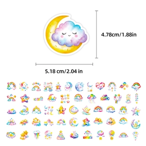 Detailed dimensions of 50pcs watercolor rainbow cloud stickers for DIY craft
