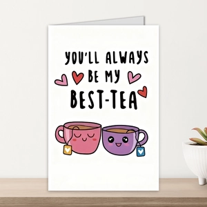 Funny 'Best-Tea' greeting card with cute cartoon teacups on a warm wooden desk background
