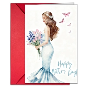 Close-up of Mother's Day card with watercolor illustration and red envelope