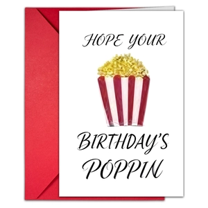 Funny birthday card with popcorn illustration and red envelope on a white background