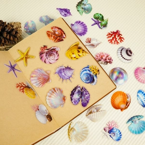 Vue détaillée d'autocollants PET de coquillages colorés nacrés sur un carnet vintage