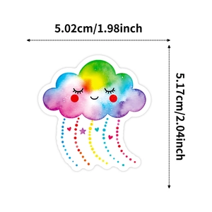 Detailed dimension view of a colorful rainbow cloud sticker with smiley face and rain drops