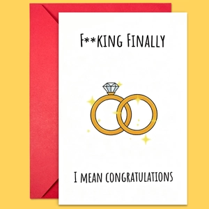 Lustige Hochzeitskarte mit Ring-Illustration und einem passenden roten Umschlag