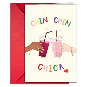 Detail einer Grußkarte mit Bubble Tea Illustration und rotem Briefumschlag Set