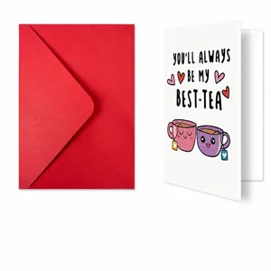 Funny card set with red envelope and white greeting card featuring tea cup cartoon design