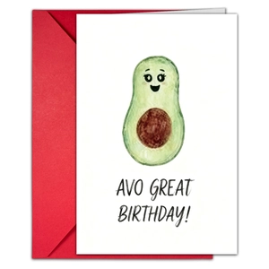 Funny avocado birthday card with red envelope and Avo Great Birthday pun text