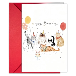 Biglietto auguri compleanno acquerello con cinque gatti e busta rossa coordinata