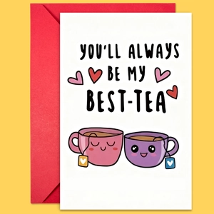 Detailed view of 'Best-Tea' greeting card and red envelope on a bright yellow background