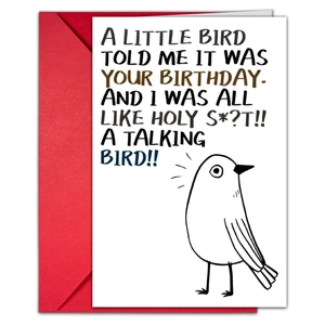 Funny bird-themed folding birthday card set with a vibrant red envelope and humorous text