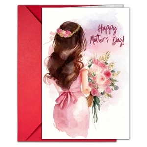 Close-up of watercolor Mother's Day card with a woman holding flowers and a red envelope