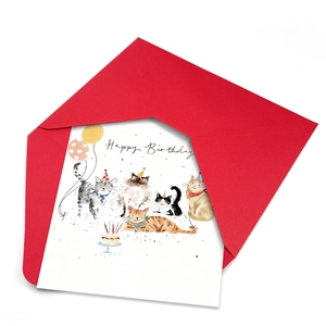 Biglietto d'auguri gatto con busta rossa, gatti illustrati, palloncini e torta