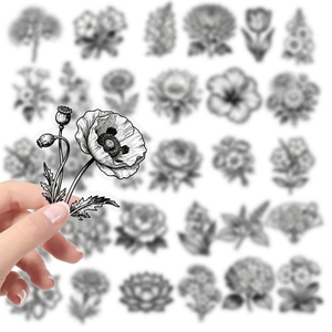 Black and white floral PET stickers featuring hand-drawn sketch poppy designs for decoration