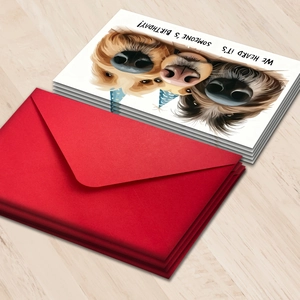 Funny dog theme birthday cards set with red envelopes and festive illustrations