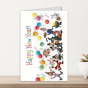 Gros plan d'une carte de vœux Nouvel An avec illustrations colorées sur table en bois