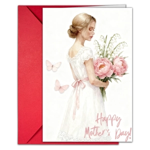 Detail of watercolor Mother's Day card with flower illustration and red envelope