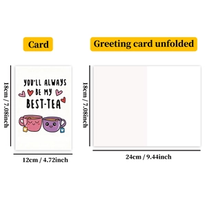 Greeting card showing flat and folded dimensions with funny best-tea text illustration
