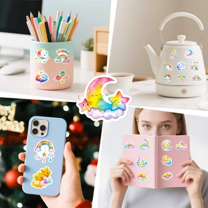 Hand-painted watercolor stickers shown decorating a notebook, water bottle, and phone case