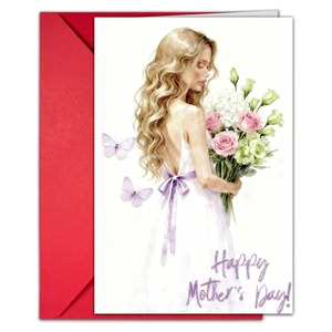 Detail of Happy Mother's Day card with watercolor illustration and a vibrant red envelope