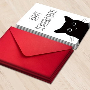 Cute black cat birthday card set with red envelope and Happy Schnurrsday pun on wood