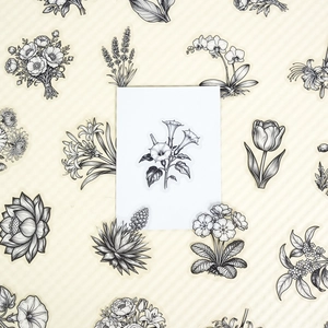 Detail of 56pcs black and white floral PET stickers with waterproof transparent finish