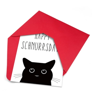 Cute black cat birthday card with red envelope set and Happy Schnurrsday message