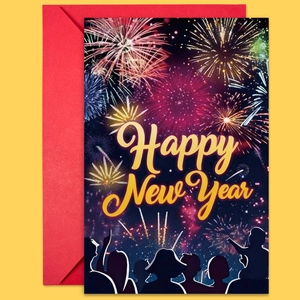 Tarjeta de Año Nuevo con fuegos artificiales y texto con un sobre rojo