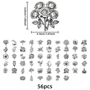 56-piece set of black and white floral PET stickers featuring minimalist rose designs