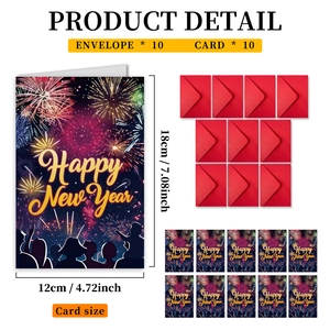 Detalle de 10 tarjetas de Año Nuevo con diseño de fuegos artificiales y sobres rojos