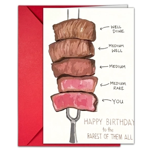 Close-up of humorous steak illustration on high-quality card with a red envelope