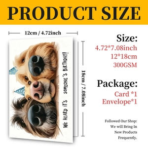 Detail specifications for 300GSM birthday card with cute dog design and envelope size