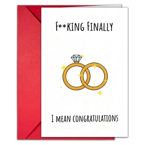 Lustige Hochzeitskarte mit 'F**king Finally' Text, rotem Umschlag und Goldringen