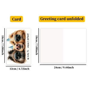 Detailed size chart showing folded 18x12cm and unfolded 18x24cm funny dog birthday card
