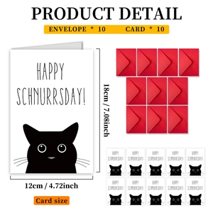 Set of 10 black cat birthday cards and 10 red envelopes with specific size dimensions