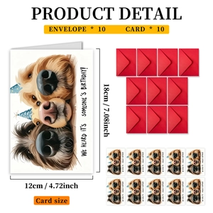 Detailed view of 10-piece funny dog birthday card set with red envelopes and measurements