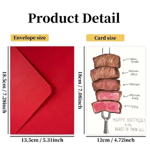 Funny steak birthday card set with red envelope and size chart on white background
