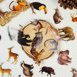 56-piece realistic forest animal PET stickers featuring tiger owl and deer designs