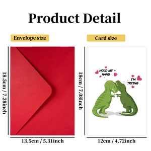 Grappige Valentijnsdag wenskaart set met dinosaurussen en rode envelop, inclusief maten