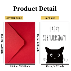 Cute black cat birthday greeting card set with red envelope and detailed size specifications