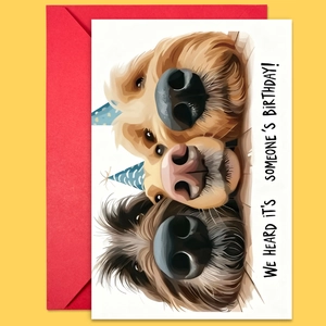 Detail of funny dog birthday card with party hats on bright yellow background