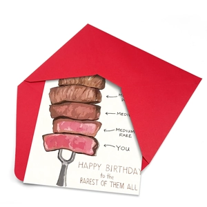 Funny steak themed birthday card set with red envelope and creative hand-drawn illustration