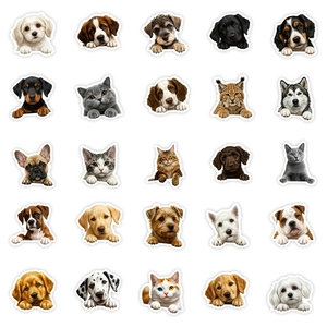 Set of 25 realistic cat and dog animal stickers with white borders for decoration
