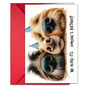 Funny animal themed birthday card with dogs in party hats and red envelope set