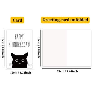 Detail showing the folded and unfolded black cat greeting card with dimensions