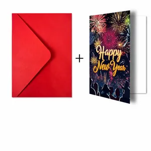 Detailed view of New Year card with fireworks design and red envelope including dimensions