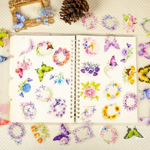 Set di 56 Adesivi Trasparenti in PET con Farfalle e Fiori per Decorazione di Diari DIY