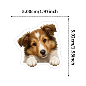 Close-up of a realistic puppy sticker with precise 5cm dimensions on a white background