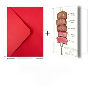Funny birthday card with steak illustration and bright red envelope for creative gifting