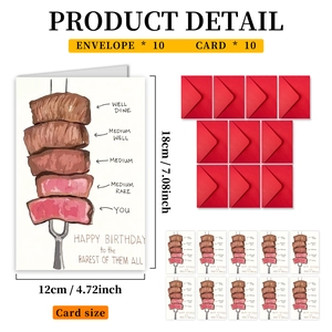 Funny steak birthday card set with 10 cards and red envelopes 12x18cm pack