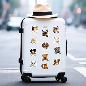 Realistic cat and dog stickers applied to a white suitcase for stylish pet-themed decoration